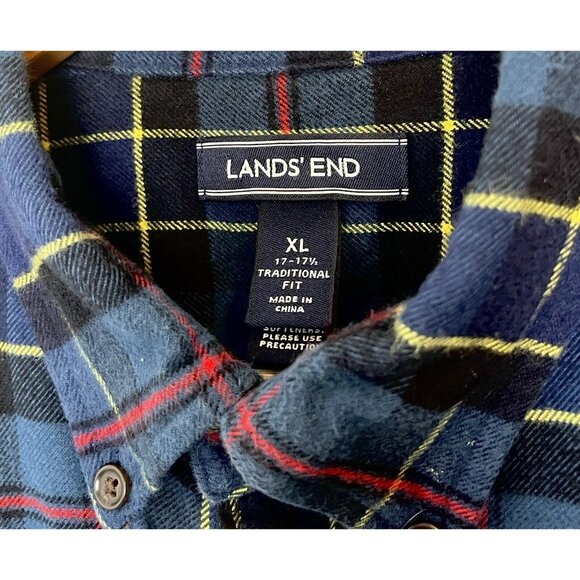 Lands End Shirt Mens XL Thick Flannel Button Down Blue Plaid Long Sleeve - Picture 2 of 7